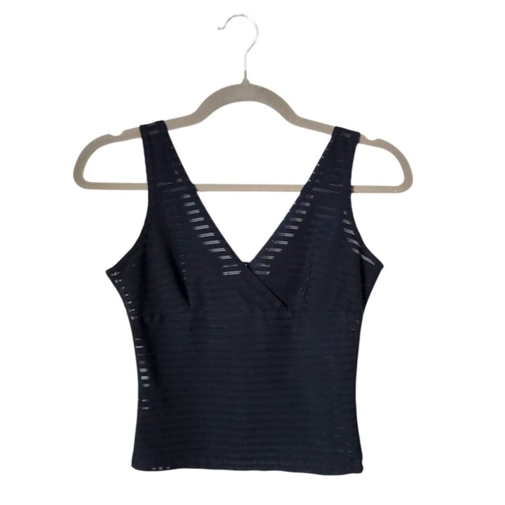CHARLOTTE RUSSE‎ Y2K Black Sheer Striped V-Neck Tank Top Stretchy Cropped Size S